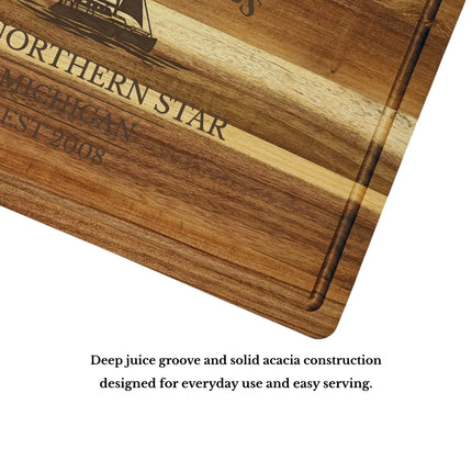 Harbor Springs Michigan cutting board with built in juice groove and solid acacia wood construction detail