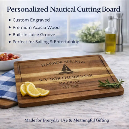 Harbor Springs Michigan personalized nautical cutting board displayed in kitchen lifestyle setting with custom engraving premium acacia wood and juice groove