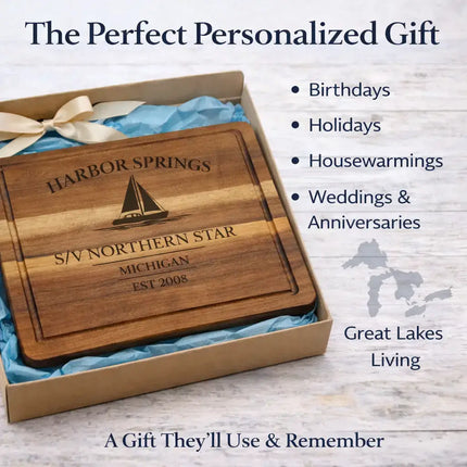 Harbor Springs Michigan personalized sailboat cutting board gift for birthdays housewarmings weddings and Great Lakes coastal living