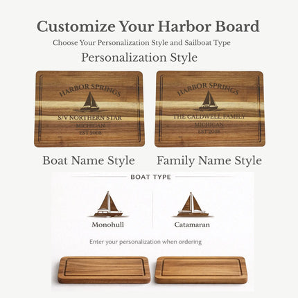 Harbor Springs Michigan sailboat cutting board design options showing custom engraving layout with boat name and established year preview