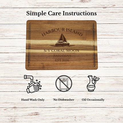 Harbour Island Bahamas cutting board care instructions showing how to clean oil and maintain acacia wood for long lasting use