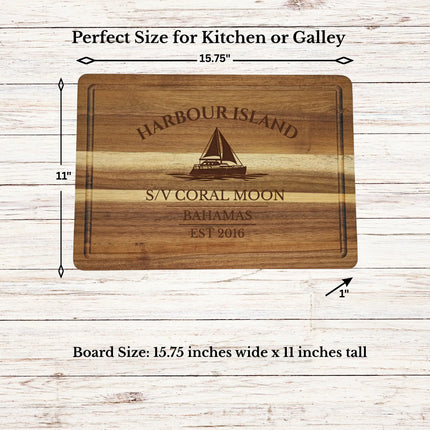Harbour Island Bahamas sailboat cutting board dimensions and features including size thickness juice groove and edge detail