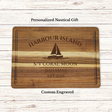 Harbour Island Bahamas sailboat cutting board personalized with Coral Moon boat name nautical gift