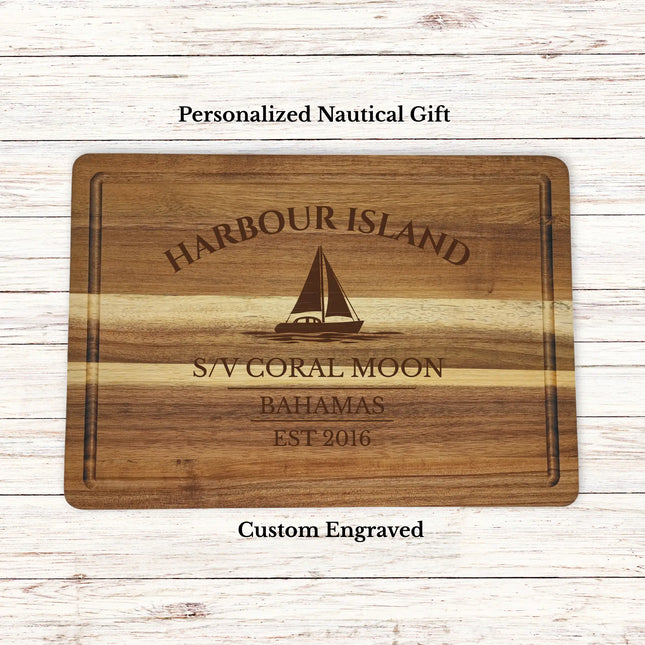 Harbour Island Bahamas sailboat cutting board personalized with Coral Moon boat name nautical gift