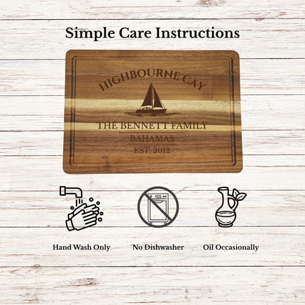 Highbourne Cay Bahamas cutting board care instructions showing how to clean oil and maintain acacia wood for long lasting use
