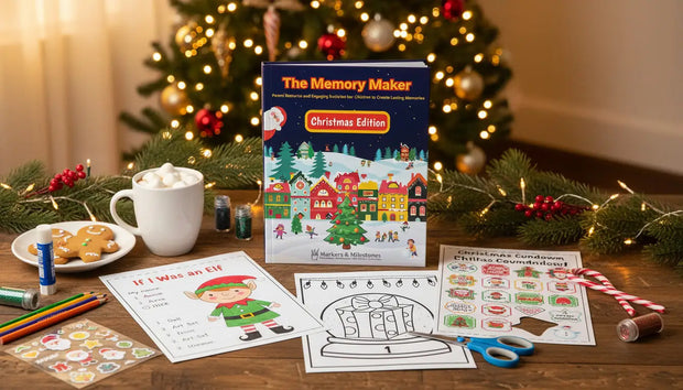 Holiday Traditions Christmas activity book displayed on a festive craft table with completed coloring pages, Christmas countdown activities, stickers, crayons, hot chocolate, cookies, and a decorated Christmas tree in the background.