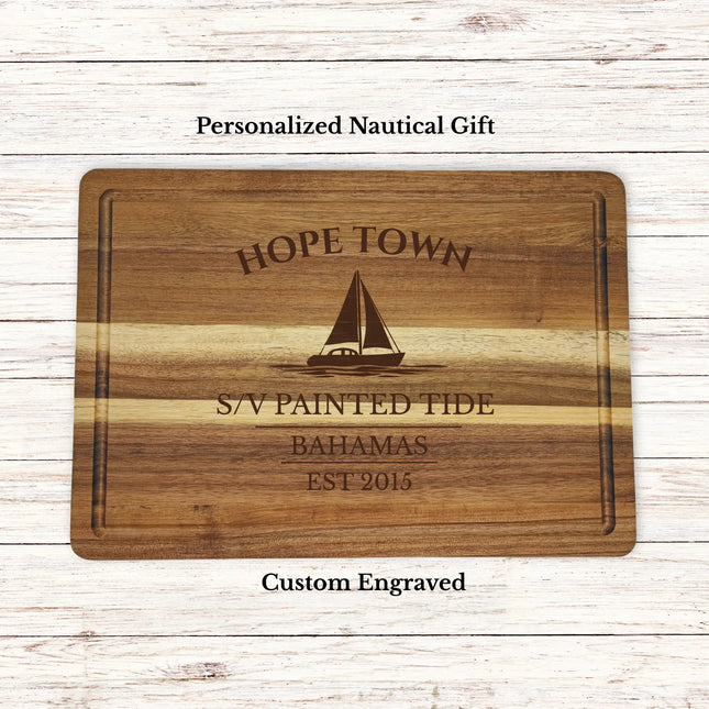 Hope Town Bahamas sailboat cutting board personalized with Painted Tide boat name nautical gift