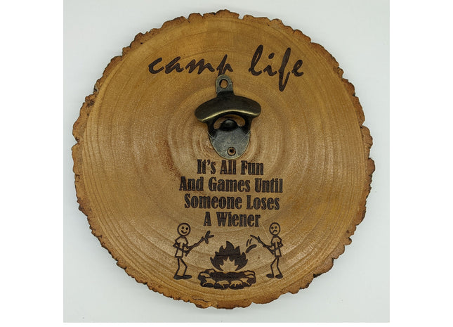 Wall Mount Bottle Opener Laser Engraved With Magnetic Cap Catcher - 11.5" Round Camp Life