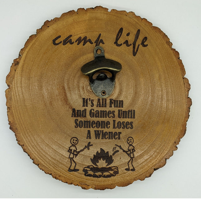 Wall Mount Bottle Opener Laser Engraved With Magnetic Cap Catcher - 11.5" Round Camp Life