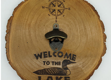 Wall Mount Bottle Opener Laser Engraved With Magnetic Cap Catcher - 11.5" Round - Welcome to the Lake