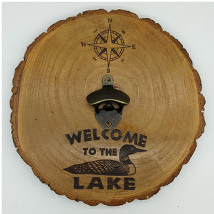 Wall Mount Bottle Opener Laser Engraved With Magnetic Cap Catcher - 11.5" Round - Welcome to the Lake