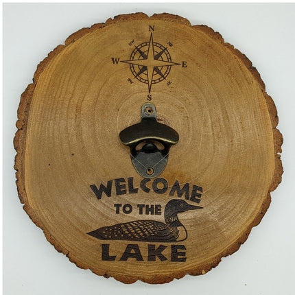 Wall Mount Bottle Opener Laser Engraved With Magnetic Cap Catcher - 11.5" Round - Welcome to the Lake