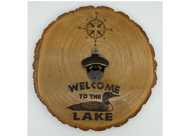 Wall Mount Bottle Opener Laser Engraved With Magnetic Cap Catcher - 11.5" Round - Welcome to the Lake