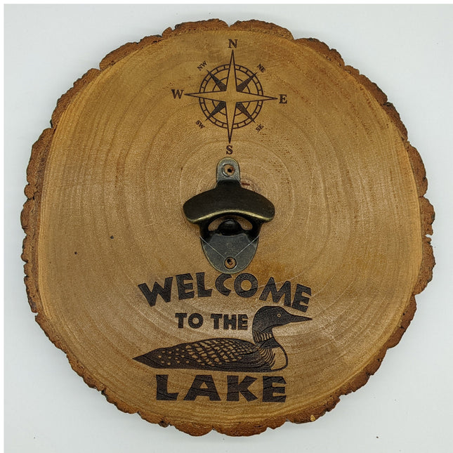 Wall Mount Bottle Opener Laser Engraved With Magnetic Cap Catcher - 11.5" Round - Welcome to the Lake