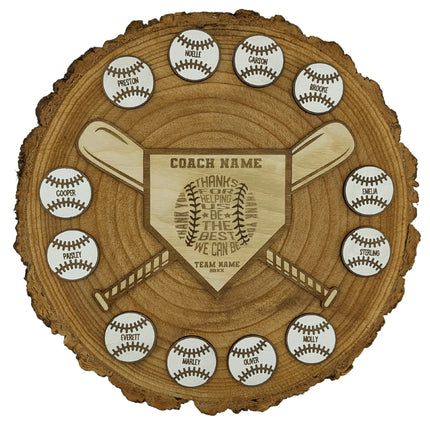 Custom baseball and softball coach gift. Real wood slab features personalized engraved balls and home plate area. Makes the perfect end of season award.