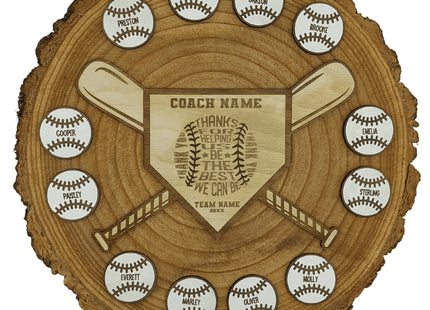 Custom baseball and softball coach gift. Real wood slab features personalized engraved balls and home plate area. Makes the perfect end of season award.