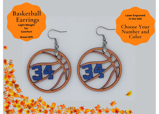 Personalized Basketball Earrings: Custom Team Number, Hand-Painted Baltic Birch