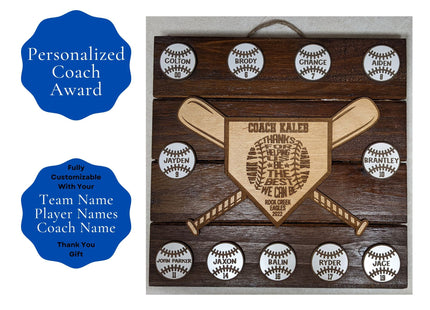 Custom baseball and softball coach gift. Wood plaque features personalized engraved balls and home plate area. Makes the perfect end of season award.