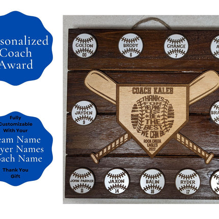 Custom baseball and softball coach gift. Wood plaque features personalized engraved balls and home plate area. Makes the perfect end of season award.