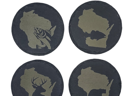 Wisconsin Sportsman Coasters | Round Slate Drink Coasters | Wisconsin Outdoors Gift | Wisconsin Fishing and Hunting Coasters
