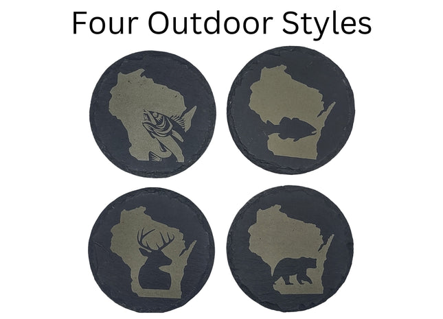 Wisconsin Sportsman Coasters | Round Slate Drink Coasters | Wisconsin Outdoors Gift | Wisconsin Fishing and Hunting Coasters
