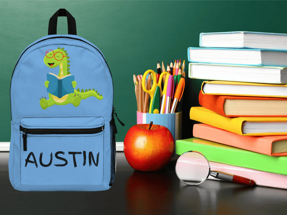 Kids Light Blue Dinosaur Backpack: Personalized School Bag