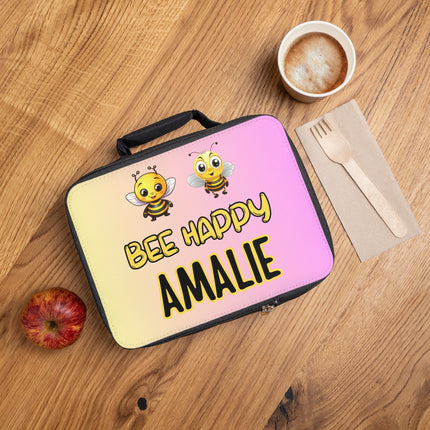 Bee Happy Lunch Bag | Personalized Kids Lunch Box | Yellow and Pink School Lunch Bag | Insulated Lunch Bag