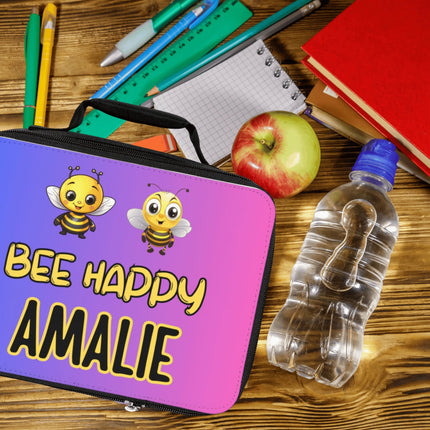 Bee Happy Lunch Bag | Personalized Kids Lunch Box | Pink and Blue School Lunch Bag | Insulated Lunch Bag