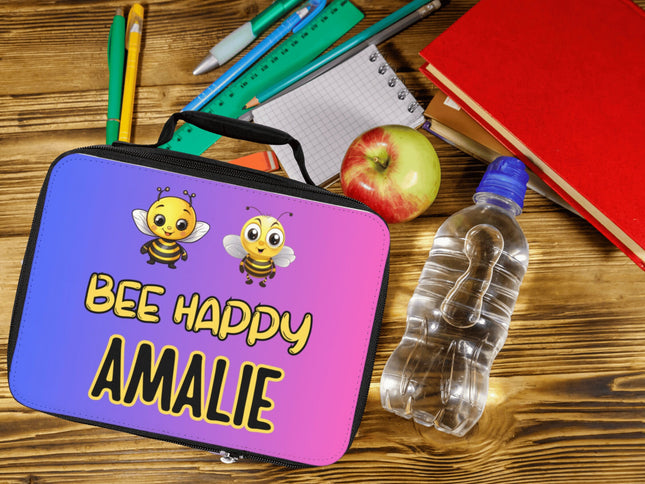 Bee Happy Lunch Bag | Personalized Kids Lunch Box | Pink and Blue School Lunch Bag | Insulated Lunch Bag