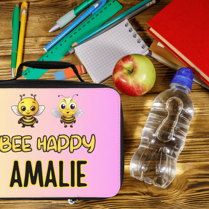 Bee Happy Lunch Bag | Personalized Kids Lunch Box | Yellow and Pink School Lunch Bag | Insulated Lunch Bag