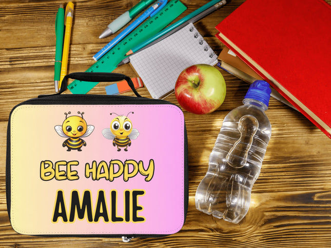 Bee Happy Lunch Bag | Personalized Kids Lunch Box | Yellow and Pink School Lunch Bag | Insulated Lunch Bag