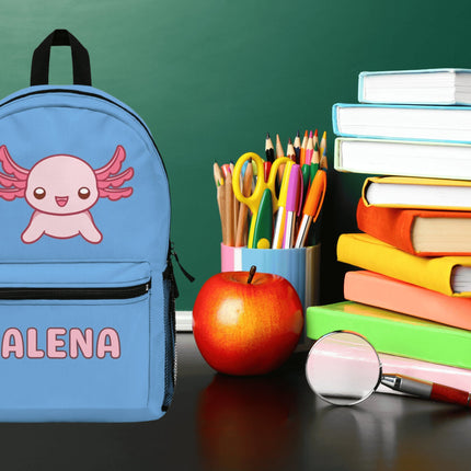 Kids Axolotl School Backpack | Personalized School Bag | Light Blue Book Bag