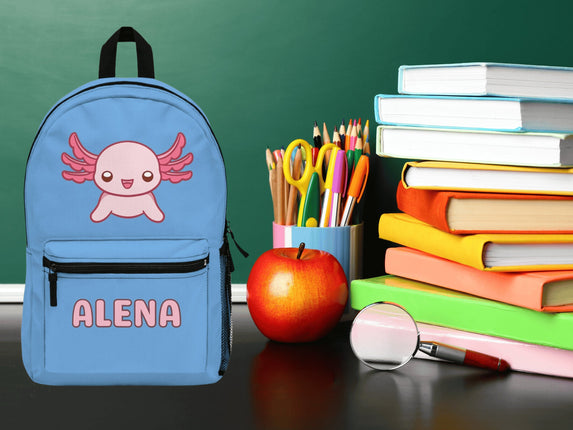 Kids Axolotl School Backpack | Personalized School Bag | Light Blue Book Bag