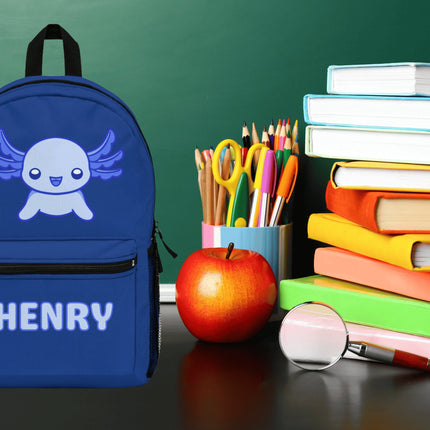 Kids Axolotl School Backpack | Personalized School Bag | Navy Blue Book Bag