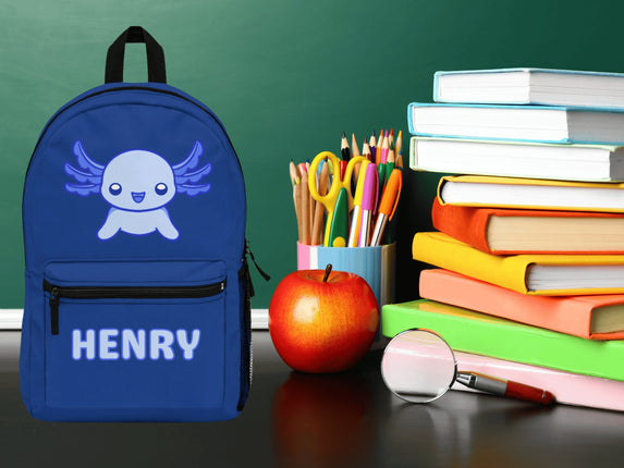 Kids Axolotl School Backpack | Personalized School Bag | Navy Blue Book Bag