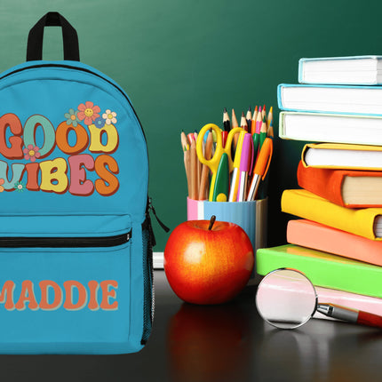 Kids Good Vibes School Backpack | Personalized School Bag | Turquoise Book Bag