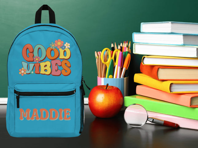 Kids Good Vibes School Backpack | Personalized School Bag | Turquoise Book Bag