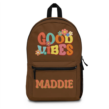 Kids Good Vibes School Backpack | Personalized School Bag | Brown Book Bag