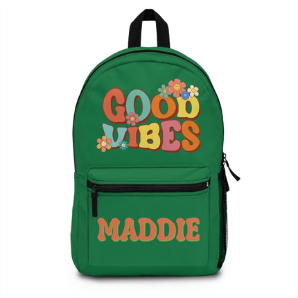 Kids Good Vibes School Backpack | Personalized School Bag | Dark Green Book Bag