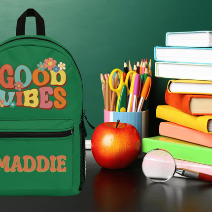 Kids Good Vibes School Backpack | Personalized School Bag | Dark Green Book Bag