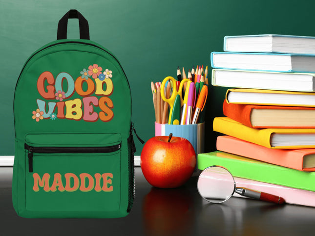 Kids Good Vibes School Backpack | Personalized School Bag | Dark Green Book Bag