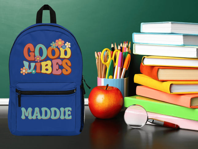 Kids Good Vibes School Backpack | Personalized School Bag | Dark Blue Book Bag