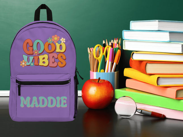 Kids Good Vibes School Backpack | Personalized School Bag | Purple Book Bag