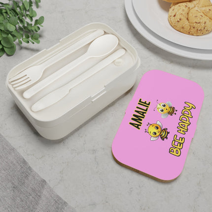 Personalized Bento Box | Bee Happy Bento Lunch Box | Kids School Snack Container | Custom Lunch Box | Pink Child Snack Box