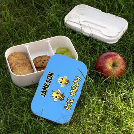 Personalized Bento Box | Bee Happy Bento Lunch Box | Kids School Snack Container | Custom Lunch Box | Light Blue Child Snack Box