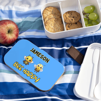 Personalized Bento Box | Bee Happy Bento Lunch Box | Kids School Snack Container | Custom Lunch Box | Light Blue Child Snack Box