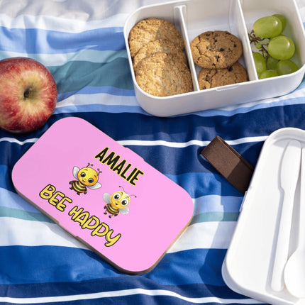Personalized Bento Box | Bee Happy Bento Lunch Box | Kids School Snack Container | Custom Lunch Box | Pink Child Snack Box