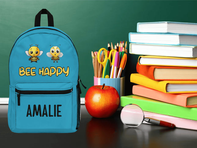 Kids Bee Happy School Backpack | Personalized School Bag | Turquoise Book Bag