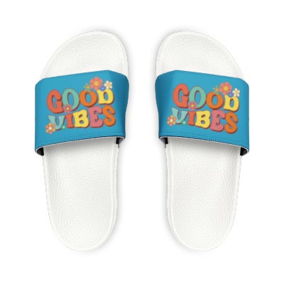 Kids Beach Sandals | Youth Flip Flops | Childrens Slide Sandals | Retro Sandals | Good Vibes Turquoise Shoes