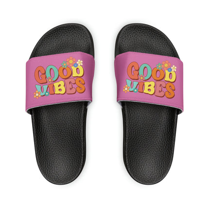 Kids Beach Sandals | Youth Flip Flops | Childrens Slide Sandals | Retro Sandals | Good Vibes Pink Shoes